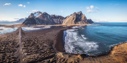 Aerial view of Stokksnes in Iceland, showcasing beach and Vestrahorn mountain.