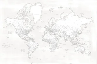 Wall art featuring a detailed world map with fine lines and cities in neutral tones