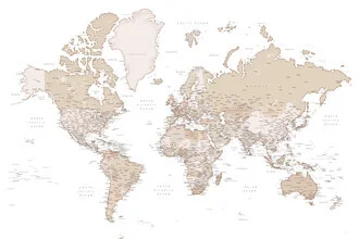 Detailed world map featuring cities in soft browns and neutral tones.