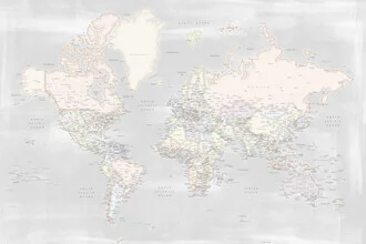 Wall art by Rosana Laiz García: detailed world map in soft pastel colors