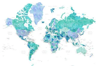 Detailed world map in soft Caribbean colors, aquamarine and blue.