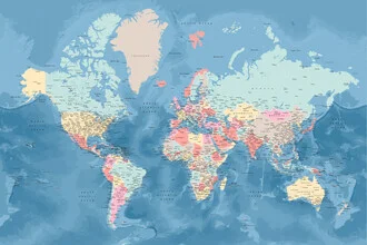 Wall art featuring a detailed world map with cities in soft pastel colors.