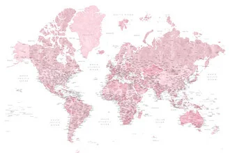 Wall art featuring a detailed watercolor world map in soft pink and brown tones.