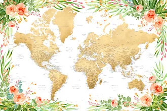 Wall art featuring a detailed floral world map with soft colors and cities.