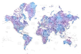 Detailed purple watercolor world map by Rosana Laiz García showing cities and countries.