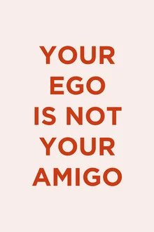 Wall art featuring a humorous quote about ego in soft pink and gray tones.