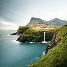 Photo art by Franz Sussbauer: serene coastal landscape with waterfall