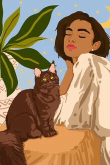 Illustration of a woman with a cat under a colorful moon, vibrant and inviting.