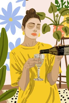 Illustration of a woman with a wine glass and mask in a colorful botanical style