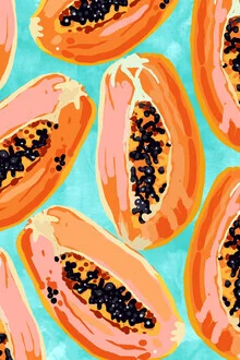 Illustration einer großen Papaya in lebhaften Farben, die ein sommerliches Gefühl vermittelt.