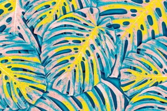 Illustration of a vibrant monstera leaf pattern in lush green tones.