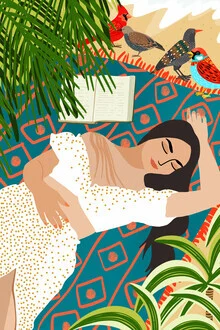 Illustration by Uma Gokhale: Woman with a colorful hat at the beach, relaxing with a book.