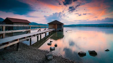 Photo art by Martin Wasilewski: serene summer evening at Kochelsee with boat house