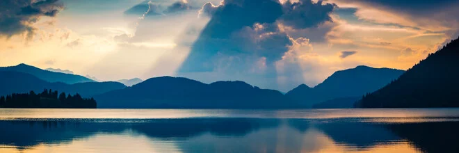 Photo art by Martin Wasilewski: serene lake with mountains at sunrise