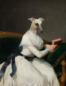 Wall art by Florent Bodart: lady with dog reading a book, modern and serene mood.