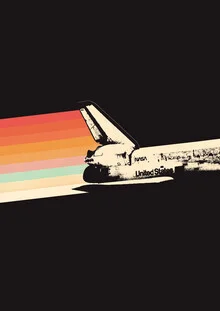 Wall art by Florent Bodart: colorful spaceship under a rainbow