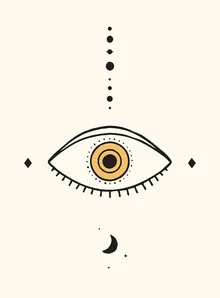 Illustration of a mystical eye with planets and moon in the background