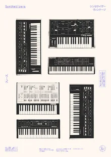 Illustrated collection of synthesizers featuring colorful designs in a friendly, modern style.